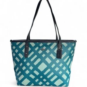 COACH Teal Geometric Print Tote | Navy Leather Trim | Style F22246 | EUC